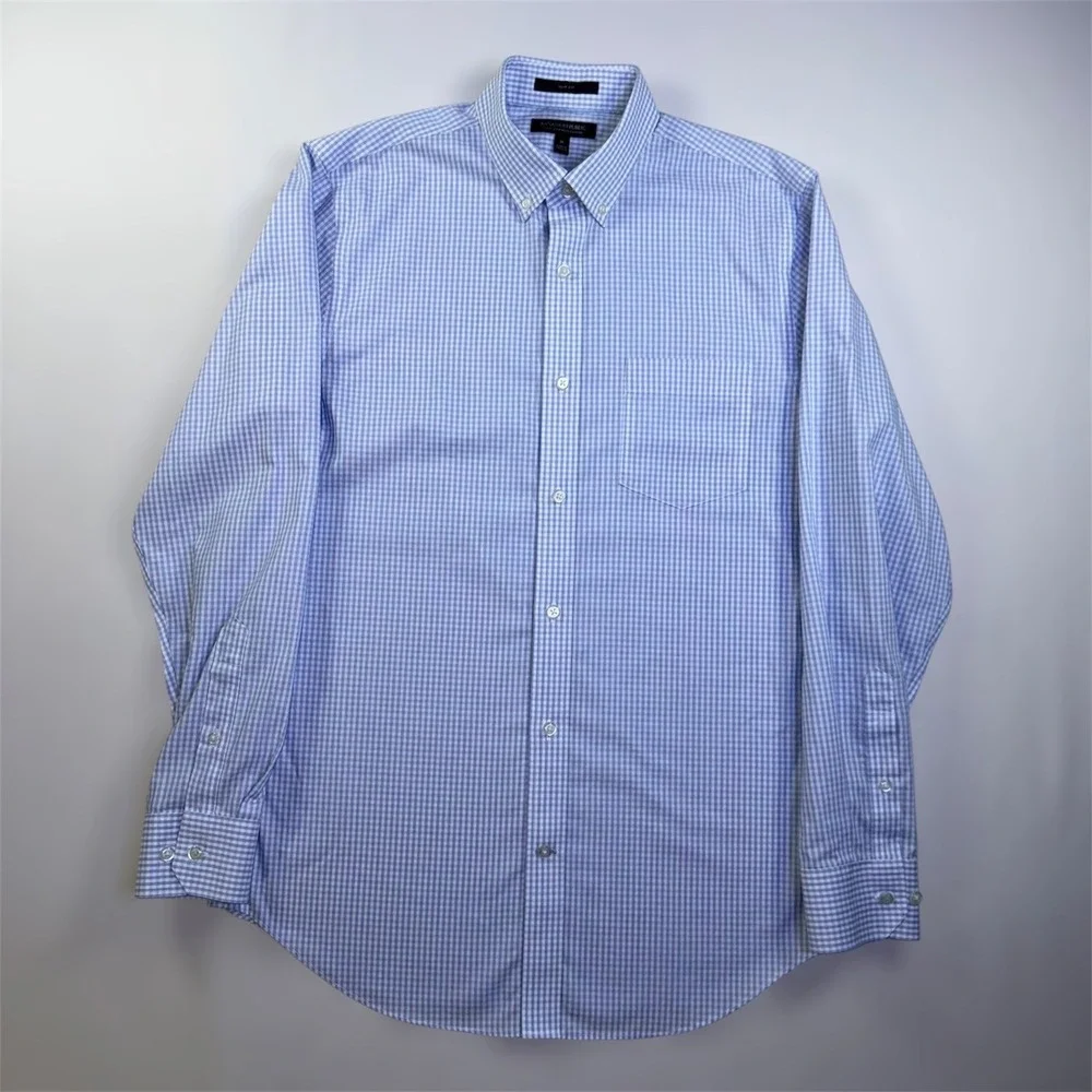 Banana Republic Mens Slim Fit Non-Iron‎ Dress Shirt Blue Gingham Check M 15-15.5